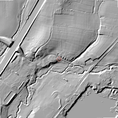Shaded relief map of the ground around B617EW, computed from Environment Agency LiDAR. The ground here sits at about 52 m above sea level and falls 12 m across the surrounding 800 m. Surface water reaching this point runs off ground lying to the north-west, 7.0 m higher.