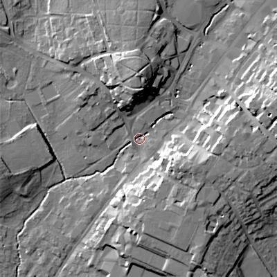 Shaded relief map of the ground around B617JH, computed from Environment Agency LiDAR. The ground here sits at about 83 m above sea level and falls 22 m across the surrounding 800 m. Surface water reaching this point runs off ground lying to the east-north-east, 18.4 m higher.