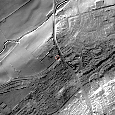 Shaded relief map of the ground around B618AA, computed from Environment Agency LiDAR. The ground here sits at about 112 m above sea level and falls 29 m across the surrounding 800 m. Surface water reaching this point runs off ground lying to the north-north-west, 5.5 m higher.