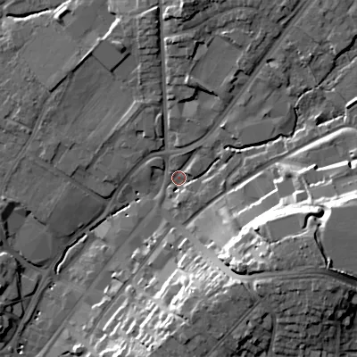 Shaded relief map of the ground around B618AB, computed from Environment Agency LiDAR. The ground here sits at about 90 m above sea level and falls 26 m across the surrounding 800 m. Surface water reaching this point runs off ground lying to the north-east, 9.7 m higher.