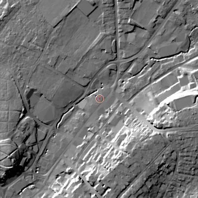 Shaded relief map of the ground around B618AE, computed from Environment Agency LiDAR. The ground here sits at about 89 m above sea level and falls 26 m across the surrounding 800 m. Surface water reaching this point runs off ground lying to the east-south-east, 16.4 m higher.