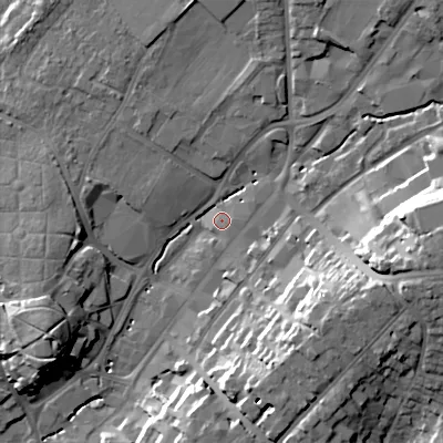 Shaded relief map of the ground around B618AG, computed from Environment Agency LiDAR. The ground here sits at about 88 m above sea level and falls 26 m across the surrounding 800 m. Surface water reaching this point runs off ground lying to the east, 21.4 m higher.