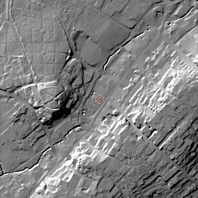 Shaded relief map of the ground around B618AJ, computed from Environment Agency LiDAR. The ground here sits at about 86 m above sea level and falls 25 m across the surrounding 800 m. Surface water reaching this point runs off ground lying to the east, 18.0 m higher.
