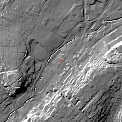 Shaded relief map of the ground around B618AQ, computed from Environment Agency LiDAR. The ground here sits at about 88 m above sea level and falls 26 m across the surrounding 800 m. Surface water reaching this point runs off ground lying to the east, 17.6 m higher.