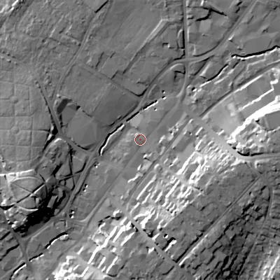 Shaded relief map of the ground around B618AS, computed from Environment Agency LiDAR. The ground here sits at about 88 m above sea level and falls 26 m across the surrounding 800 m. Surface water reaching this point runs off ground lying to the east-south-east, 17.2 m higher.