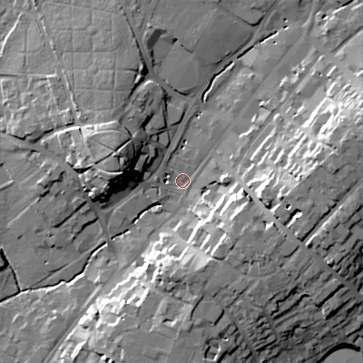 Shaded relief map of the ground around B618BT, computed from Environment Agency LiDAR. The ground here sits at about 85 m above sea level and falls 24 m across the surrounding 800 m. Surface water reaching this point runs off ground lying to the east-north-east, 20.4 m higher.