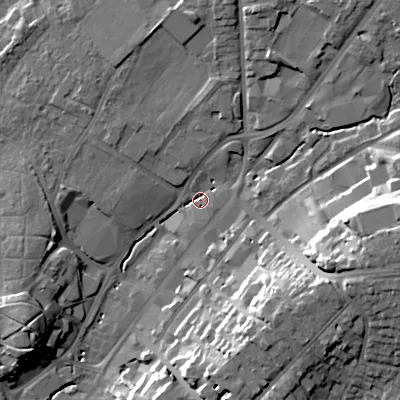 Shaded relief map of the ground around B618DA, computed from Environment Agency LiDAR. The ground here sits at about 89 m above sea level and falls 25 m across the surrounding 800 m. Surface water reaching this point runs off ground lying to the east-south-east, 21.5 m higher.