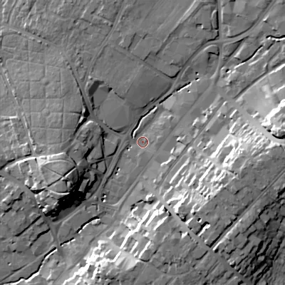 Shaded relief map of the ground around B618DD, computed from Environment Agency LiDAR. The ground here sits at about 86 m above sea level and falls 26 m across the surrounding 800 m. Surface water reaching this point runs off ground lying to the east, 20.3 m higher.