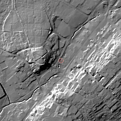 Shaded relief map of the ground around B618DJ, computed from Environment Agency LiDAR. The ground here sits at about 85 m above sea level and falls 24 m across the surrounding 800 m. Surface water reaching this point runs off ground lying to the east, 20.0 m higher.