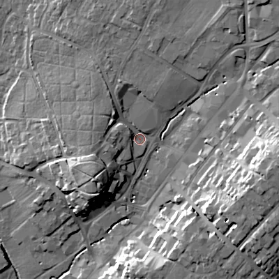 Shaded relief map of the ground around B618DN, computed from Environment Agency LiDAR. The ground here sits at about 87 m above sea level and falls 24 m across the surrounding 800 m. Surface water reaching this point runs off ground lying to the west-south-west, 10.5 m higher.