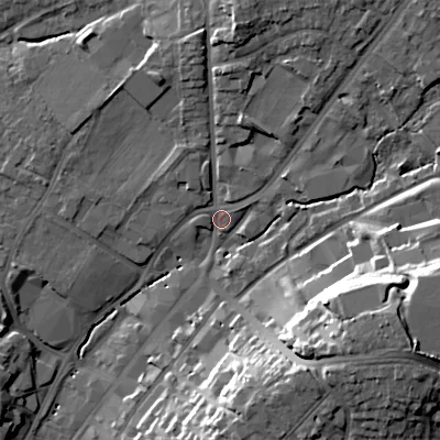 Shaded relief map of the ground around B618DQ, computed from Environment Agency LiDAR. The ground here sits at about 90 m above sea level and falls 24 m across the surrounding 800 m. Surface water reaching this point runs off ground lying to the north, 10.1 m higher.