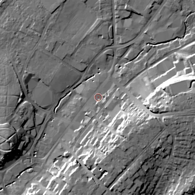 Shaded relief map of the ground around B618ES, computed from Environment Agency LiDAR. The ground here sits at about 89 m above sea level and falls 27 m across the surrounding 800 m. Surface water reaching this point runs off ground lying to the east-south-east, 16.6 m higher.