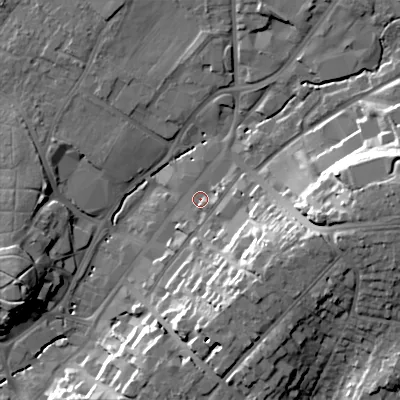 Shaded relief map of the ground around B618ET, computed from Environment Agency LiDAR. The ground here sits at about 89 m above sea level and falls 27 m across the surrounding 800 m. Surface water reaching this point runs off ground lying to the east-north-east, 2.0 m higher.