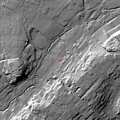 Shaded relief map of the ground around B618EX, computed from Environment Agency LiDAR. The ground here sits at about 88 m above sea level and falls 26 m across the surrounding 800 m. Surface water reaching this point runs off ground lying to the east, 18.2 m higher.