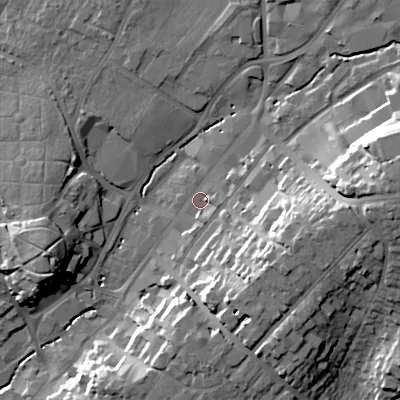 Shaded relief map of the ground around B618EY, computed from Environment Agency LiDAR. The ground here sits at about 88 m above sea level and falls 27 m across the surrounding 800 m. Surface water reaching this point runs off ground lying to the east, 17.5 m higher.