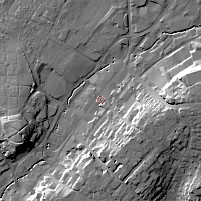Shaded relief map of the ground around B618HA, computed from Environment Agency LiDAR. The ground here sits at about 89 m above sea level and falls 27 m across the surrounding 800 m. Surface water reaching this point runs off ground lying to the east, 17.3 m higher.