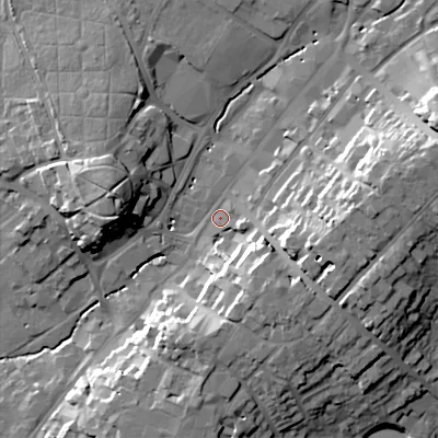 Shaded relief map of the ground around B618HQ, computed from Environment Agency LiDAR. The ground here sits at about 86 m above sea level and falls 26 m across the surrounding 800 m. Surface water reaching this point runs off ground lying to the east-north-east, 18.3 m higher.