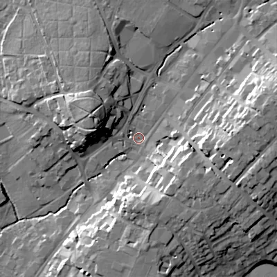 Shaded relief map of the ground around B618QU, computed from Environment Agency LiDAR. The ground here sits at about 84 m above sea level and falls 24 m across the surrounding 800 m. Surface water reaching this point runs off ground lying to the east-north-east, 20.3 m higher.