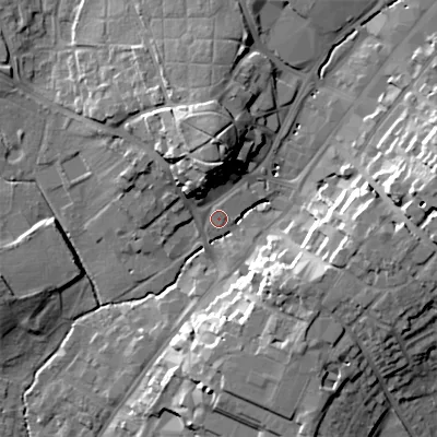 Shaded relief map of the ground around B618RR, computed from Environment Agency LiDAR. The ground here sits at about 84 m above sea level and falls 22 m across the surrounding 800 m. Surface water reaching this point runs off ground lying to the north, 14.9 m higher.