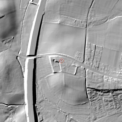 Shaded relief map of the ground around B619AB, computed from Environment Agency LiDAR. The ground here sits at about 103 m above sea level and falls 23 m across the surrounding 800 m. Surface water reaching this point runs off ground lying to the south-south-west, 3.6 m higher.