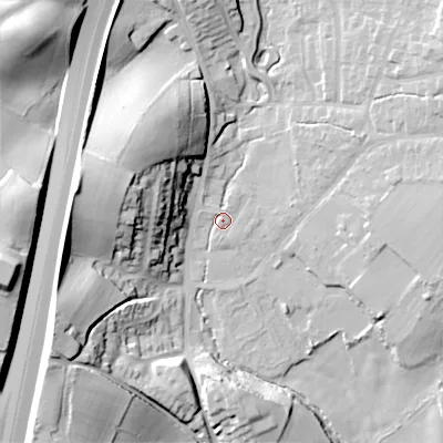 Shaded relief map of the ground around B619LD, computed from Environment Agency LiDAR. The ground here sits at about 121 m above sea level and falls 41 m across the surrounding 800 m. Surface water reaching this point runs off ground lying to the east-north-east, 5.2 m higher.