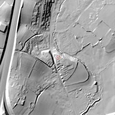 Shaded relief map of the ground around B619LE, computed from Environment Agency LiDAR. The ground here sits at about 129 m above sea level and falls 45 m across the surrounding 800 m. Surface water reaching this point runs off ground lying to the east-south-east, 4.2 m higher.
