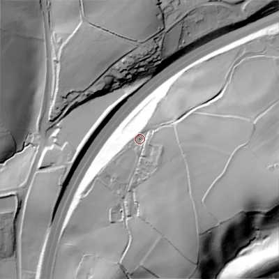 Shaded relief map of the ground around B620HA, computed from Environment Agency LiDAR. The ground here sits at about 249 m above sea level and falls 78 m across the surrounding 800 m. Surface water reaching this point runs off ground lying to the east-south-east, 13.2 m higher.