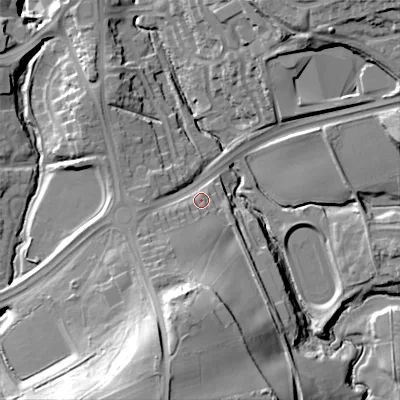 Shaded relief map of the ground around B628RW, computed from Environment Agency LiDAR. The ground here sits at about 126 m above sea level and falls 39 m across the surrounding 800 m. Surface water reaching this point runs off ground lying to the south-south-west, 10.5 m higher.