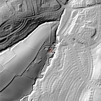 Shaded relief map of the ground around B631EX, computed from Environment Agency LiDAR. The ground here sits at about 107 m above sea level and falls 50 m across the surrounding 800 m. Surface water reaching this point runs off ground lying to the west-south-west, 37.1 m higher.