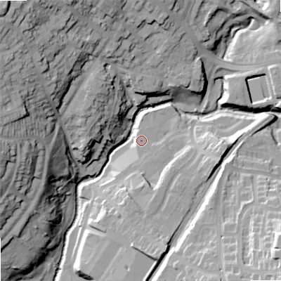 Shaded relief map of the ground around B632QE, computed from Environment Agency LiDAR. The ground here sits at about 84 m above sea level and falls 47 m across the surrounding 800 m. Surface water reaching this point runs off ground lying to the south-east, 1.8 m higher.