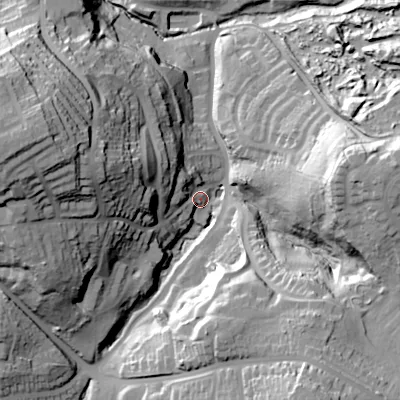 Shaded relief map of the ground around B632XE, computed from Environment Agency LiDAR. The ground here sits at about 97 m above sea level and falls 58 m across the surrounding 800 m. Surface water reaching this point runs off ground lying to the west-north-west, 51.9 m higher.