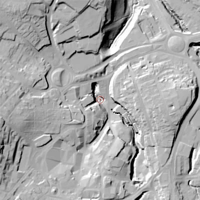 Shaded relief map of the ground around B633BH, computed from Environment Agency LiDAR. The ground here sits at about 109 m above sea level and falls 42 m across the surrounding 800 m. Surface water reaching this point runs off ground lying to the west-south-west, 38.0 m higher.