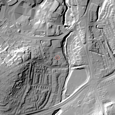 Shaded relief map of the ground around B633BJ, computed from Environment Agency LiDAR. The ground here sits at about 124 m above sea level and falls 43 m across the surrounding 800 m. Surface water reaching this point runs off ground lying to the west, 13.6 m higher.