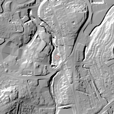 Shaded relief map of the ground around B633BL, computed from Environment Agency LiDAR. The ground here sits at about 117 m above sea level and falls 46 m across the surrounding 800 m. Surface water reaching this point runs off ground lying to the north-east, 17.2 m higher.