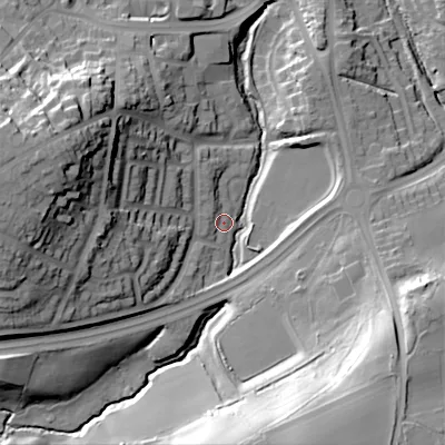 Shaded relief map of the ground around B633DL, computed from Environment Agency LiDAR. The ground here sits at about 122 m above sea level and falls 36 m across the surrounding 800 m. Surface water reaching this point runs off ground lying to the south-south-east, 35.0 m higher.