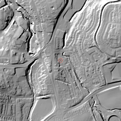Shaded relief map of the ground around B633EJ, computed from Environment Agency LiDAR. The ground here sits at about 121 m above sea level and falls 40 m across the surrounding 800 m. Surface water reaching this point runs off ground lying to the east-north-east, 29.1 m higher.