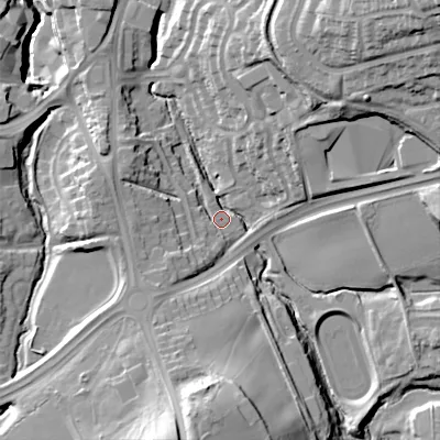 Shaded relief map of the ground around B633EU, computed from Environment Agency LiDAR. The ground here sits at about 122 m above sea level and falls 43 m across the surrounding 800 m. Surface water reaching this point runs off ground lying to the south-south-west, 27.7 m higher.