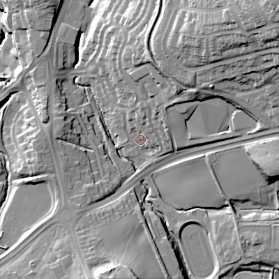 Shaded relief map of the ground around B633HB, computed from Environment Agency LiDAR. The ground here sits at about 123 m above sea level and falls 48 m across the surrounding 800 m. Surface water reaching this point runs off ground lying to the north-east, 22.2 m higher.
