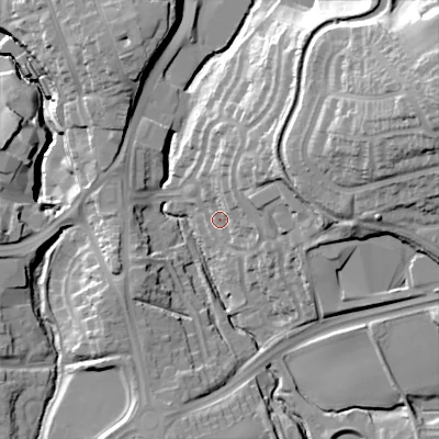 Shaded relief map of the ground around B633HD, computed from Environment Agency LiDAR. The ground here sits at about 124 m above sea level and falls 46 m across the surrounding 800 m. Surface water reaching this point runs off ground lying to the east-north-east, 16.7 m higher.