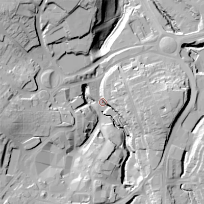 Shaded relief map of the ground around B633HU, computed from Environment Agency LiDAR. The ground here sits at about 113 m above sea level and falls 37 m across the surrounding 800 m. Surface water reaching this point runs off ground lying to the west-south-west, 31.5 m higher.