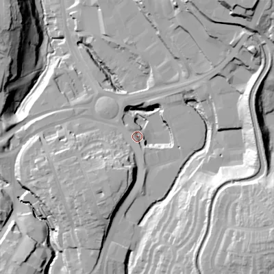 Shaded relief map of the ground around B633JP, computed from Environment Agency LiDAR. The ground here sits at about 116 m above sea level and falls 50 m across the surrounding 800 m. Surface water reaching this point runs off ground lying to the north-east, 42.8 m higher.