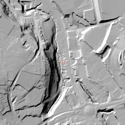 Shaded relief map of the ground around B633LJ, computed from Environment Agency LiDAR. The ground here sits at about 106 m above sea level and falls 47 m across the surrounding 800 m. Surface water reaching this point runs off ground lying to the west, 38.8 m higher.