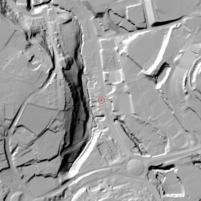 Shaded relief map of the ground around B633LP, computed from Environment Agency LiDAR. The ground here sits at about 108 m above sea level and falls 50 m across the surrounding 800 m. Surface water reaching this point runs off ground lying to the east-north-east, 43.4 m higher.