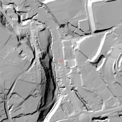 Shaded relief map of the ground around B633NS, computed from Environment Agency LiDAR. The ground here sits at about 106 m above sea level and falls 47 m across the surrounding 800 m. Surface water reaching this point runs off ground lying to the east, 39.8 m higher.