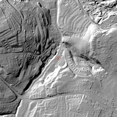 Shaded relief map of the ground around B633NZ, computed from Environment Agency LiDAR. The ground here sits at about 99 m above sea level and falls 57 m across the surrounding 800 m. Surface water reaching this point runs off ground lying to the south, 17.3 m higher.