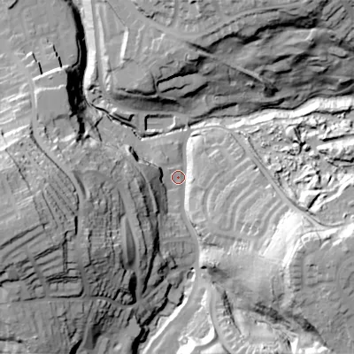 Shaded relief map of the ground around B633QN, computed from Environment Agency LiDAR. The ground here sits at about 91 m above sea level and falls 59 m across the surrounding 800 m. Surface water reaching this point runs off ground lying to the west-south-west, 52.0 m higher.