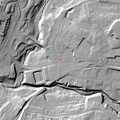 Shaded relief map of the ground around B645AL, computed from Environment Agency LiDAR. The ground here sits at about 92 m above sea level and falls 32 m across the surrounding 800 m. Surface water reaching this point runs off ground lying to the east-north-east, 10.1 m higher.