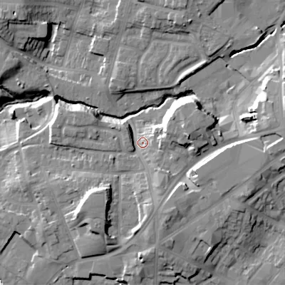 Shaded relief map of the ground around B645BH, computed from Environment Agency LiDAR. The ground here sits at about 99 m above sea level and falls 23 m across the surrounding 800 m. Surface water reaching this point runs off ground lying to the east, 14.6 m higher.