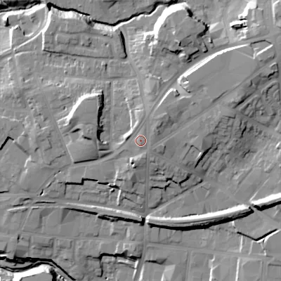 Shaded relief map of the ground around B645BP, computed from Environment Agency LiDAR. The ground here sits at about 106 m above sea level and falls 32 m across the surrounding 800 m. Surface water reaching this point runs off ground lying to the north-east, 1.7 m higher.