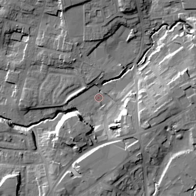 Shaded relief map of the ground around B645DG, computed from Environment Agency LiDAR. The ground here sits at about 98 m above sea level and falls 25 m across the surrounding 800 m. Surface water reaching this point runs off ground lying to the east, 19.9 m higher.